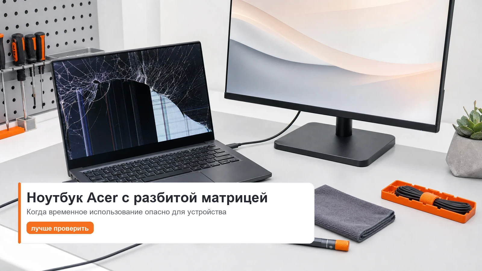 Можно ли пользоваться Acer с разбитой матрицей Ноутбук Acer с разбитой матрицей подключен к внешнему монитору