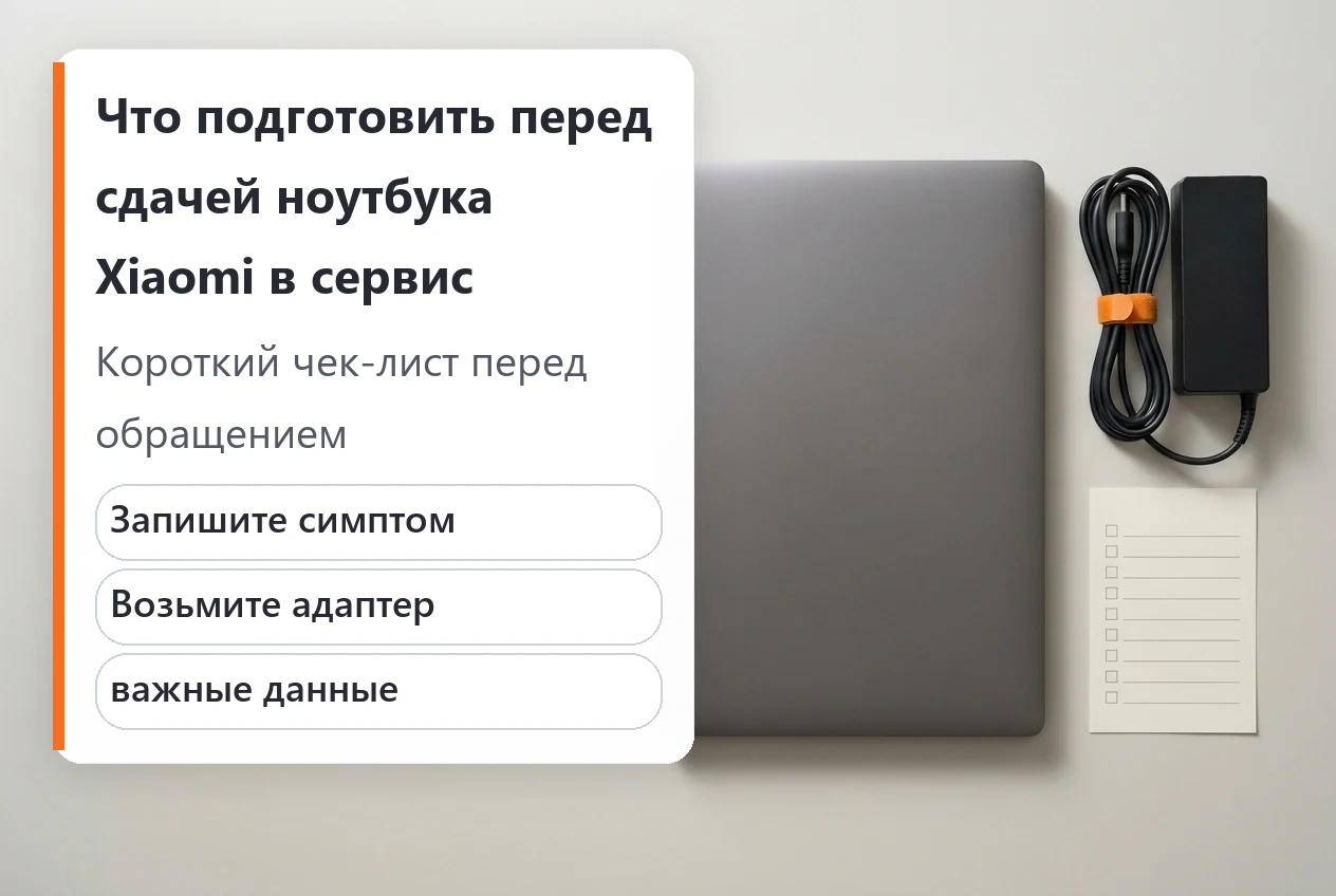 Ноутбук Xiaomi, адаптер и чек-лист перед обращением в сервис