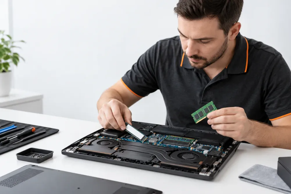 SSD или оперативная память для Asus: что важнее — инженер ЭЛЕРОЗ работает с ноутбуком Asus