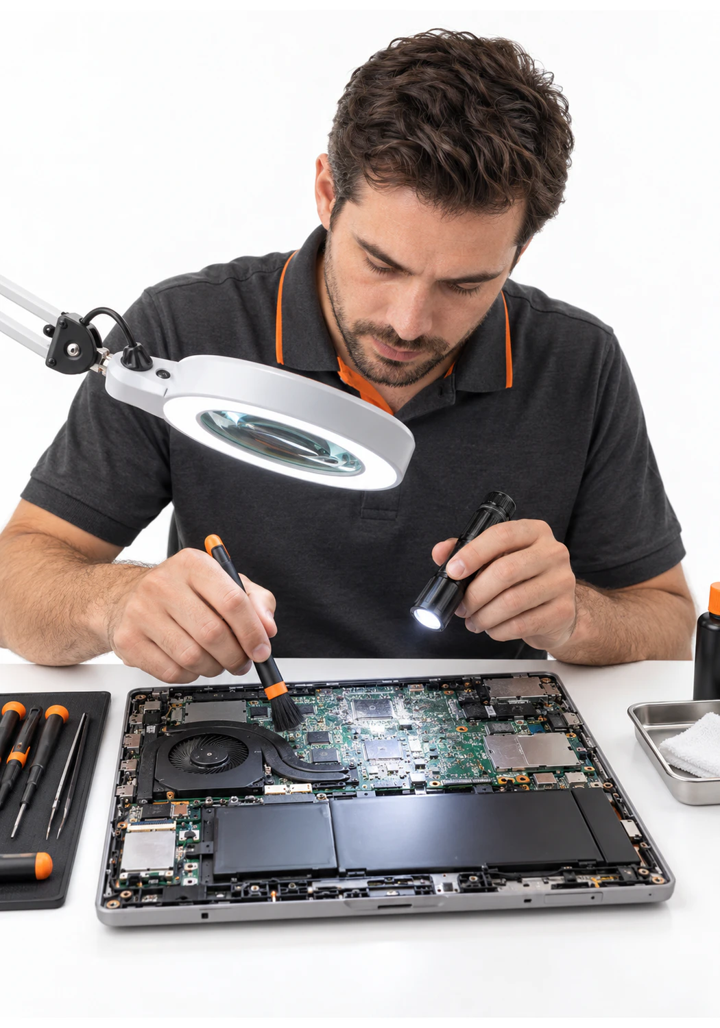 Мастер диагностирует ноутбук Asus после залития