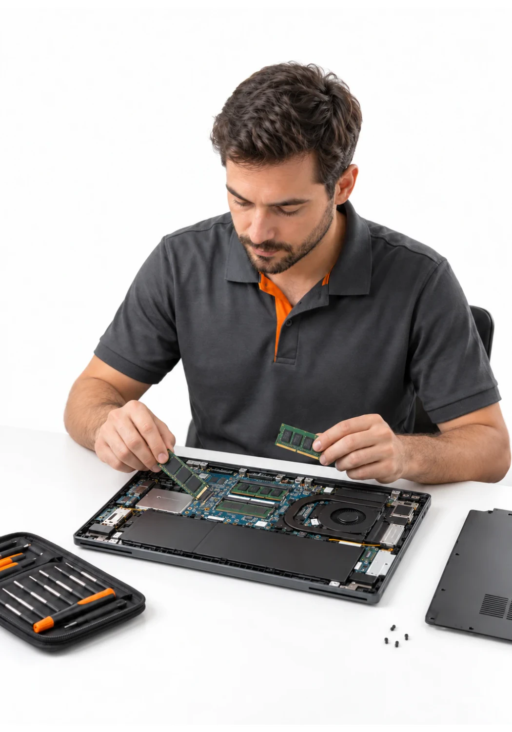 Мастер устанавливает SSD и память в ноутбук Asus