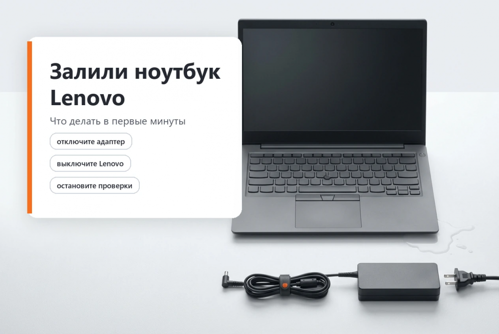 Выключенный ноутбук Lenovo и отсоединённый адаптер после попадания жидкости