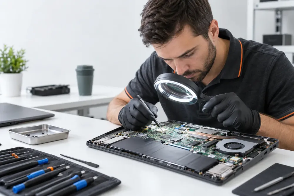 Залили ноутбук Asus: что делать в первые минуты — инженер ЭЛЕРОЗ работает с ноутбуком Asus