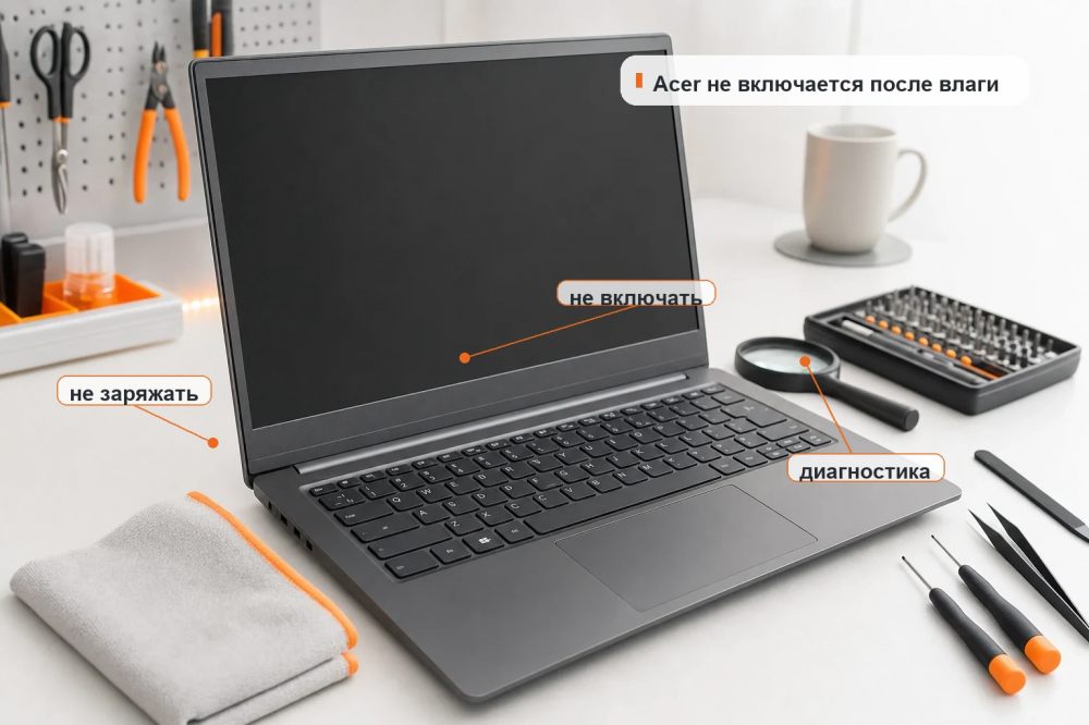 Что делать после залития, если ноутбук Acer не включается