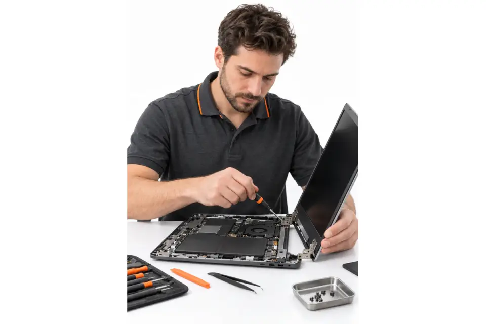 Мастер ремонтирует петли и корпус ноутбука Asus