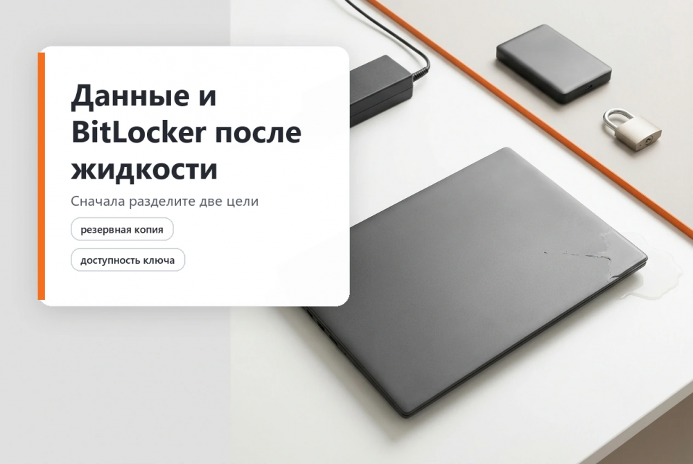 Выключенный ноутбук Lenovo и отдельный резервный накопитель с символом защиты